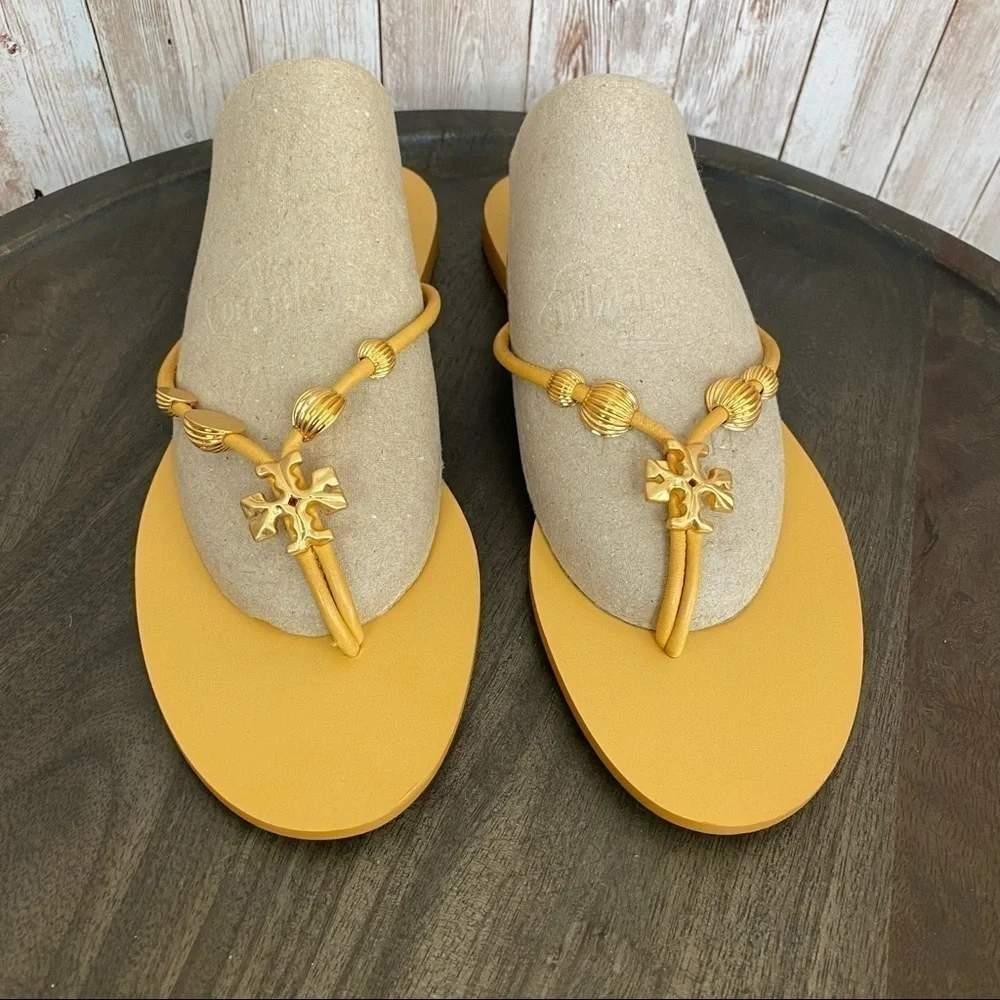 Tory Burch Capri Leather Beaded Flip‎ Flop Sandals Size 7 Women